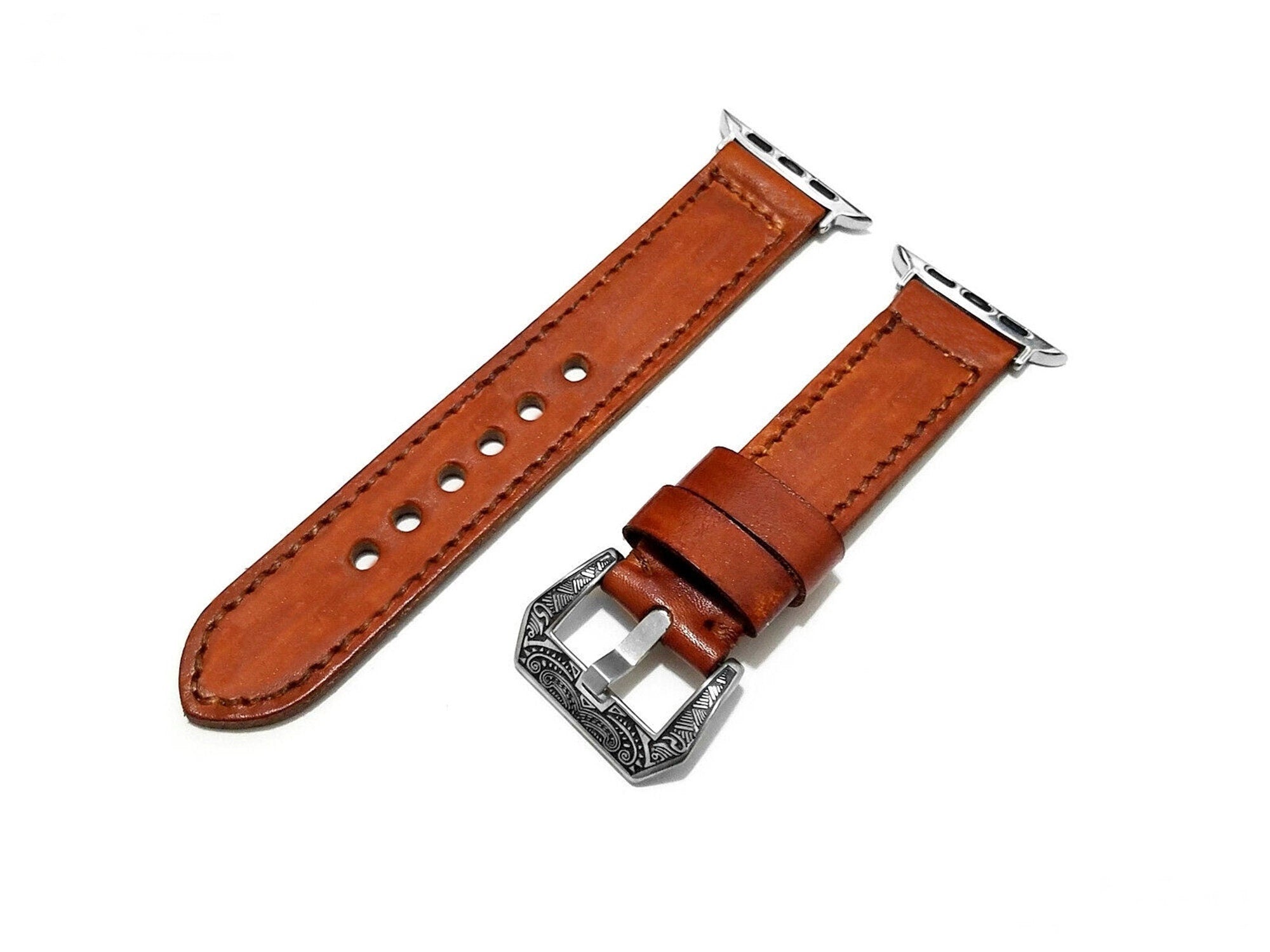 Apple Brown Double Sided Stitched Band for iWatch Ultra 2 1 49mm and 9 8 Series 41mm 45mm Case Premium Genuine Elegant Leather Strap